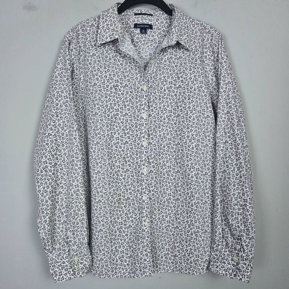 Lands End Womens Leopard Print Button Up Top Size 16 Grey Long Sleeve Career